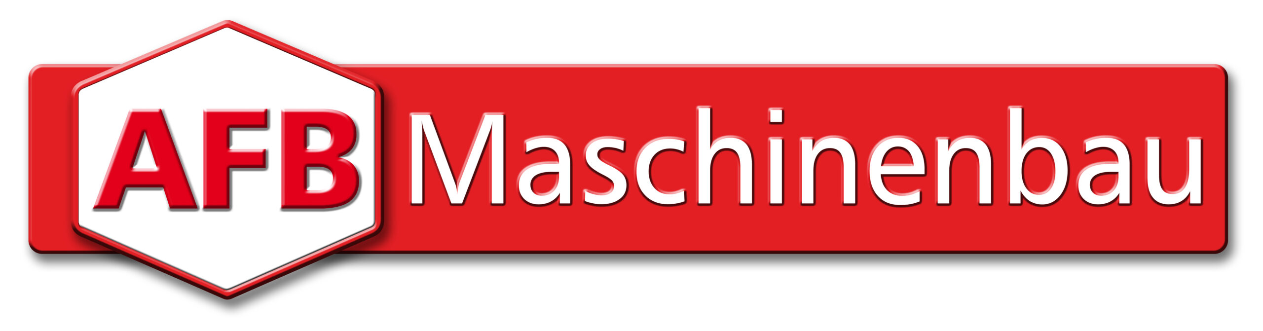 Logo mit dem Text AFB Maschinenbau in Weiß auf rotem Hintergrund. AFB steht in fetten Buchstaben in einem weißen Sechseck mit rotem Rand, und Maschinenbau steht rechts in einem abgerundeten Rechteck.
