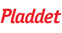 Das Bild zeigt das Wort Pladdet in fetten, roten, kursiven Buchstaben auf einem hellgrauen Hintergrund.